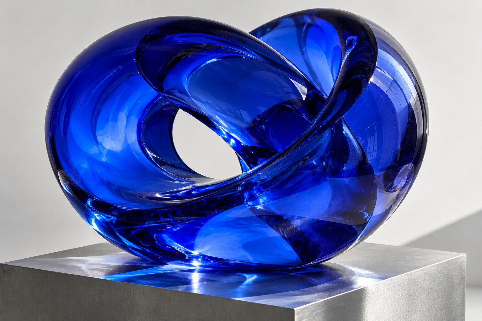 Sculptural cobalt blue glass loop on a silver pedestal